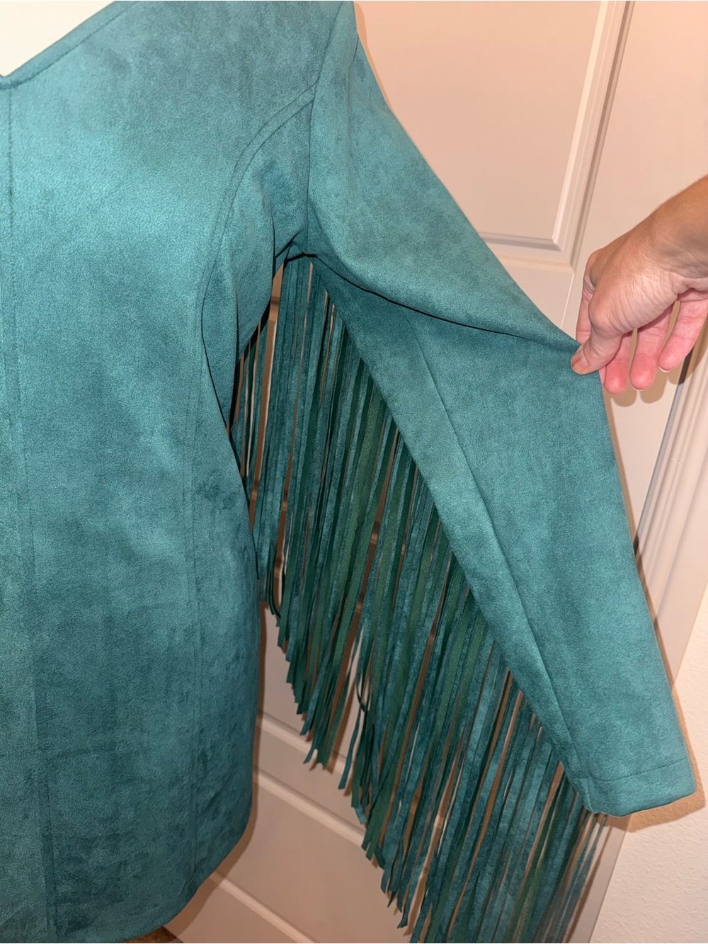 Boho Cowgirl Teal V-Neck Vegan Suede Fringe Mini Dress - Picture 4 of 15